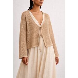 New Miyake Archive Open Crochet Tie Front Tan Blouse Cover Long Sleeve Knit XL